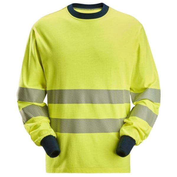 Front view of the Snickers ProtecWork Hi-Vis Long Sleeve T-Shirt 2461 in high vis yellow and navy showing segmented reflective tape and ribbed crew neck.