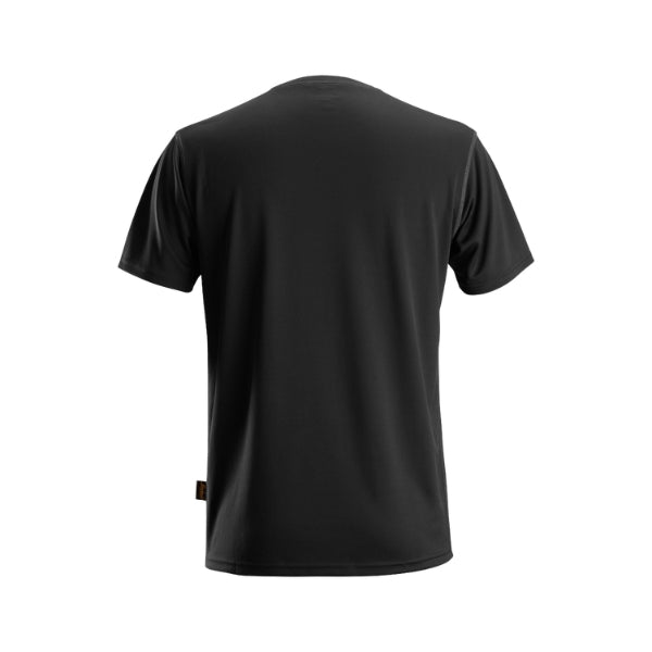 Back view of the Snickers 2558 AllroundWork T‑shirt in black, featuring a lightweight recycled polyester fabric, classic short sleeve design, smooth flatlock seams and a clean minimalist workwear fit designed for all‑day comfort and moisture management, photographed on a white background.