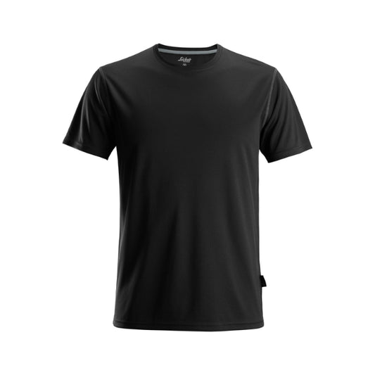 Front view of the Snickers 2558 AllroundWork T‑shirt in black, featuring a lightweight recycled polyester fabric, classic short sleeve design, smooth flatlock seams and a clean minimalist workwear fit designed for all‑day comfort and moisture management, photographed on a white background.