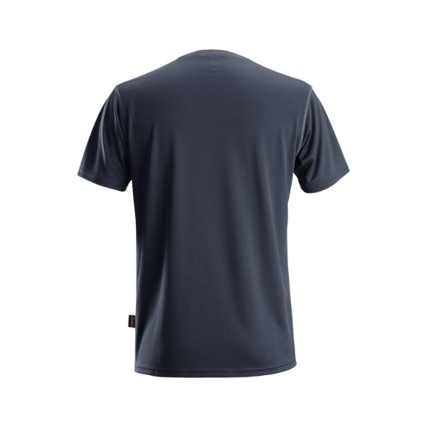 Back view of the Snickers 2558 AllroundWork T‑shirt in navy, featuring eco‑friendly recycled polyester construction, short sleeves, soft flatlock seam finish and a regular ergonomic fit intended for comfortable daily workwear use, photographed on a white background.