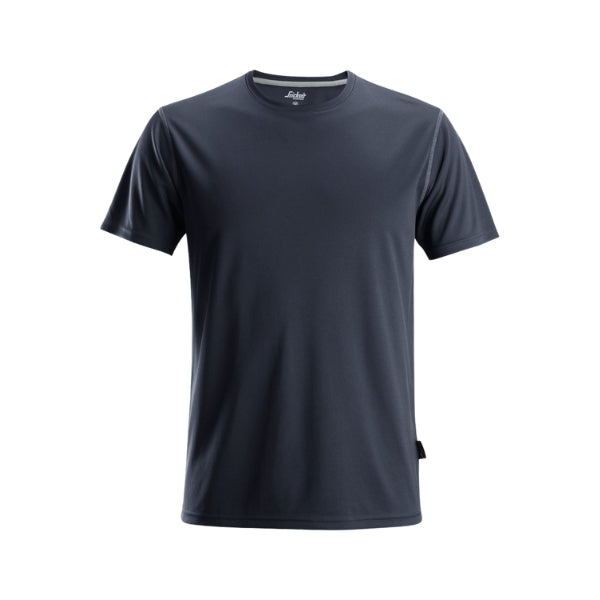 Front view of the Snickers 2558 AllroundWork T‑shirt in navy, featuring eco‑friendly recycled polyester construction, short sleeves, soft flatlock seam finish and a regular ergonomic fit intended for comfortable daily workwear use, photographed on a white background.