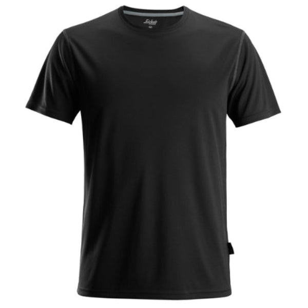 Front view of the Snickers Work T-Shirt 2558 in black, featuring a lightweight recycled polyester fabric, classic short sleeve design, smooth flatlock seams and a clean minimalist workwear fit.