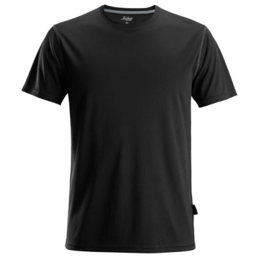 Front view of the Snickers Work T-Shirt 2558 in black, featuring a lightweight recycled polyester fabric, classic short sleeve design, smooth flatlock seams and a clean minimalist workwear fit.