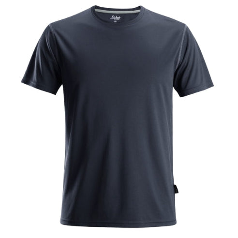 Front view of the Snickers 2558 t-shirt in navy, featuring eco-friendly recycled polyester construction, short sleeves and a soft flatlock seam finish.