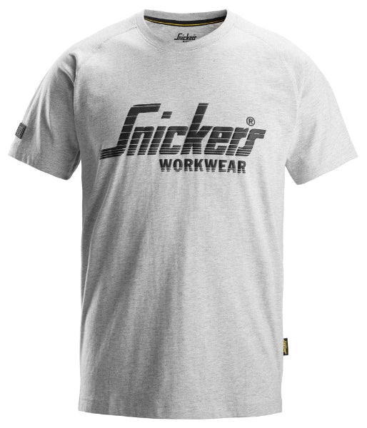 Front view of the Snickers 2590 logo t-shirt in grey marl featuring the Snickers Workwear branding.