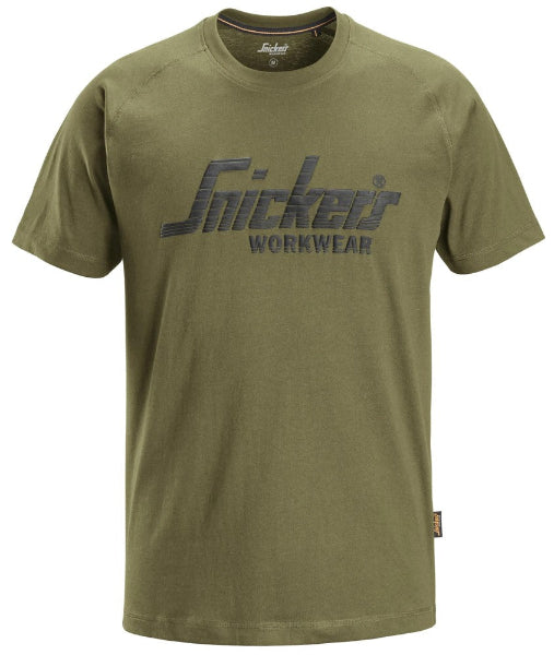 Front view of the Snickers 2590 logo t-shirt in khaki featuring the Snickers Workwear branding.