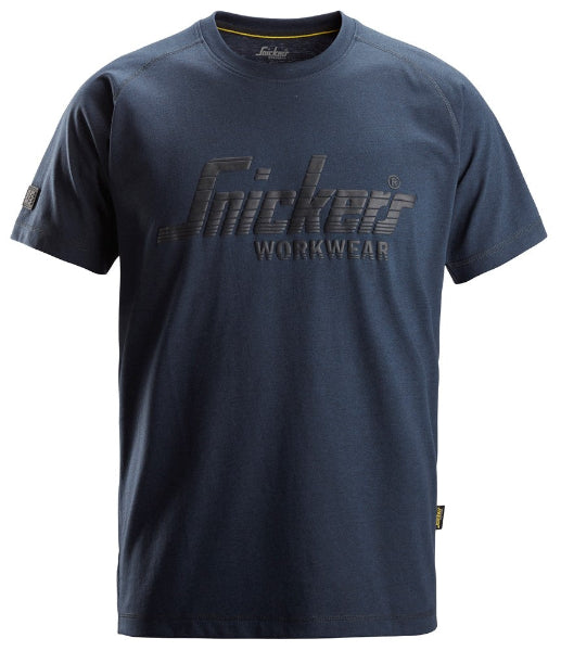 Front view of the Snickers 2590 logo t-shirt in navy featuring the Snickers Workwear branding.