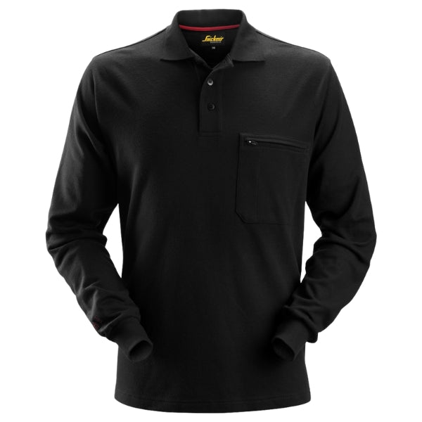Front view of the Snickers 2660 long sleeve polo shirt in black showing regular fit and button placket.