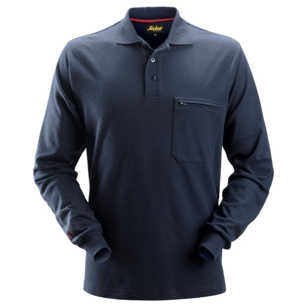Front view of the Snickers 2660 long sleeve polo shirt in navy showing regular fit and button placket.
