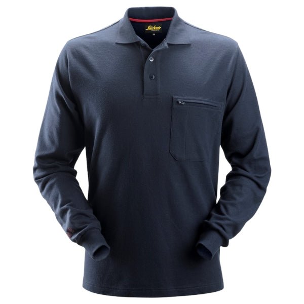 Front view of the Snickers 2660 long sleeve polo shirt in navy showing regular fit and button placket.