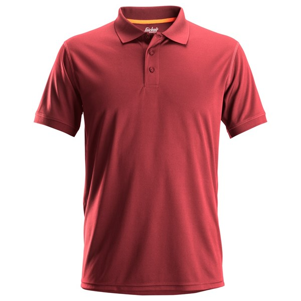 Front view of the Snickers 2721 polo shirt in chili red and black, showing the contrast collar and button placket detail.