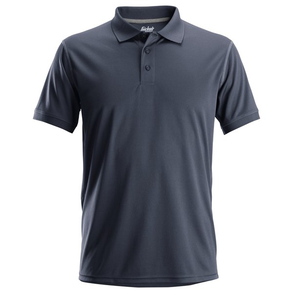 Front view of the Snickers Work Polo Shirt 2721 in navy, showing the lightweight recycled polyester fabric and clean collar finish.