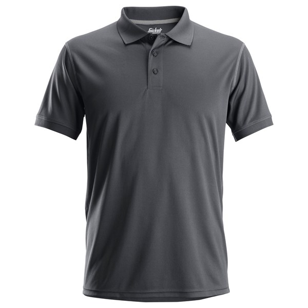 Front view of the Snickers Work Polo Shirt 2721 in steel grey, showing the flatlock seams, inside neck print and color-matched logo buttons.