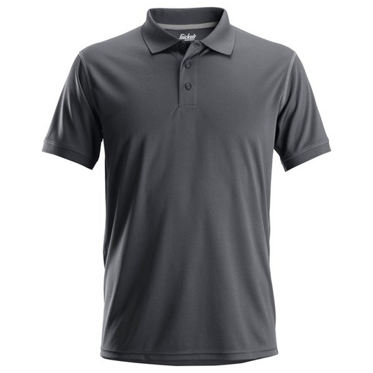Front view of the Snickers Work Polo Shirt 2721 in steel grey, showing the flatlock seams, inside neck print and color-matched logo buttons.