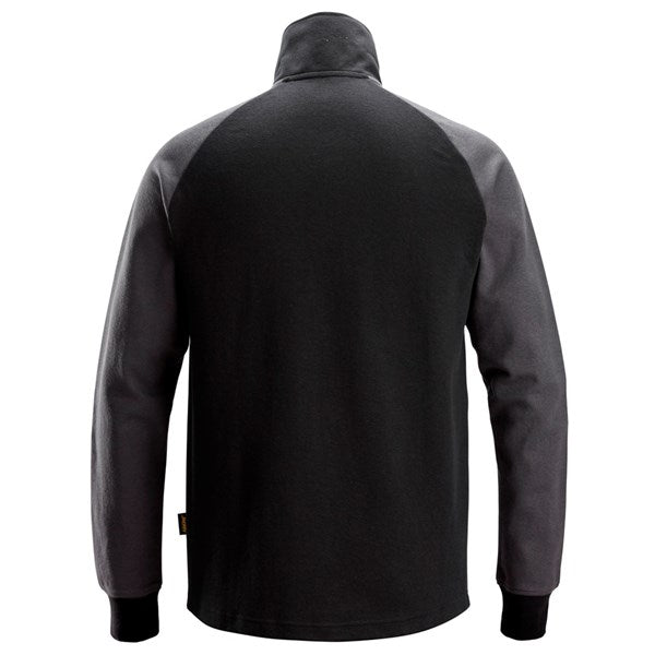 Back view of the Snickers 2841 two coloured half zip sweatshirt in black and grey, featuring a plain rear design and extended back hem, photographed on a white background.