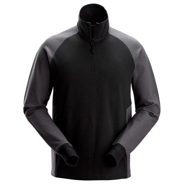 Front view of the Snickers 2841 two coloured half zip sweatshirt in black and grey, featuring a soft fabric body and zip neck, photographed on a white background.