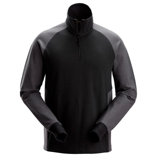 Front view of the Snickers 2841 two coloured half zip sweatshirt in black and grey, featuring a soft fabric body and zip neck, photographed on a white background.