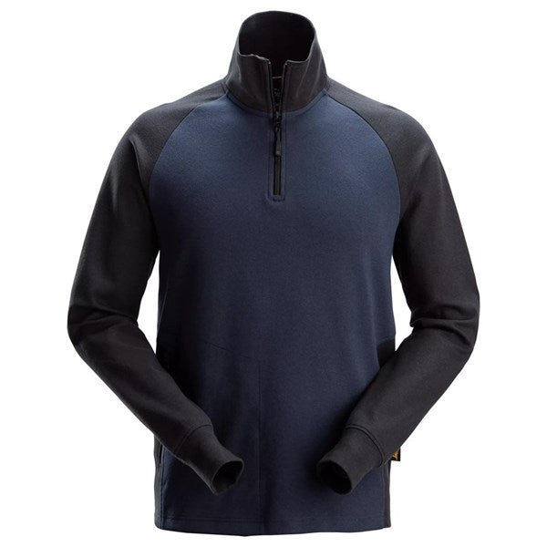 Front view of the Snickers 2841 two coloured half zip sweatshirt in navy and black, featuring a zip neck opening and contrast sleeves, photographed on a white background.