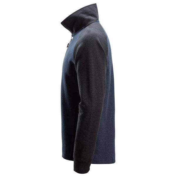Side view of the Snickers 2841 half zip sweatshirt in navy and black, highlighting the contrast panels, sleeve shape and comfortable workwear profile, photographed on a white background.