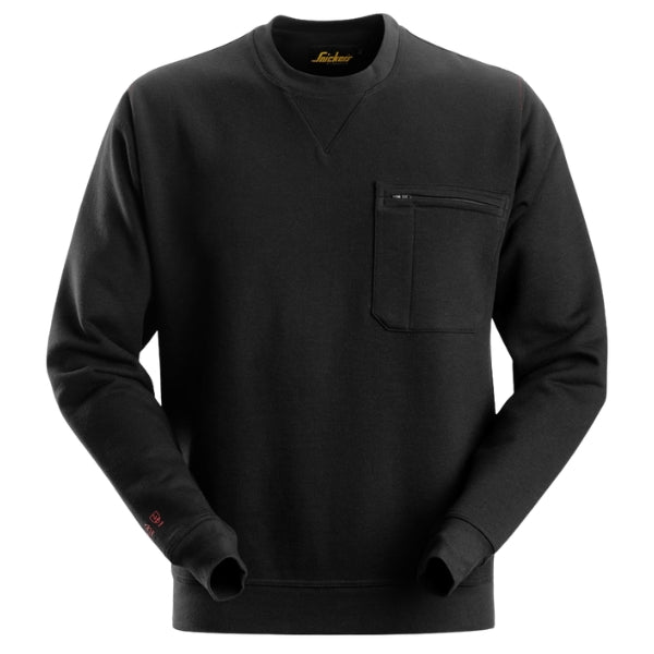 Front view of the Snickers ProtecWork Arc Protection Sweatshirt 2861 in navy showing crew neck design and zipped chest pocket.
