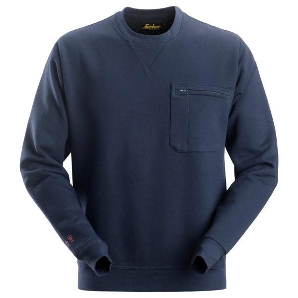 Front view of the Snickers ProtecWork Sweatshirt 2861 in navy showing crew neck, zipped chest pocket and cuffed sleeves.
