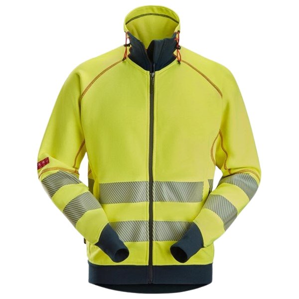Front view of the Snickers 2868 Arc Full Zip Sweatshirt in high vis yellow and navy featuring segmented reflective tape and full zip closure.