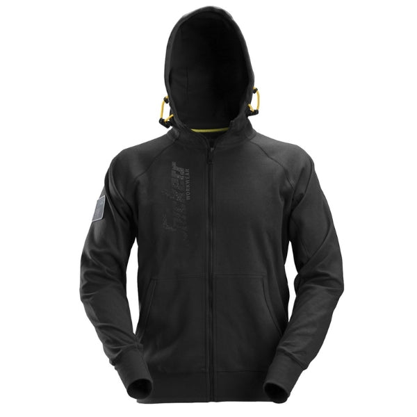 Front view of the Snickers Logo Full Zip Hoodie 2880 in black, showing the vertical 3D printed Snickers Workwear logo and full-zip front with rubber puller.