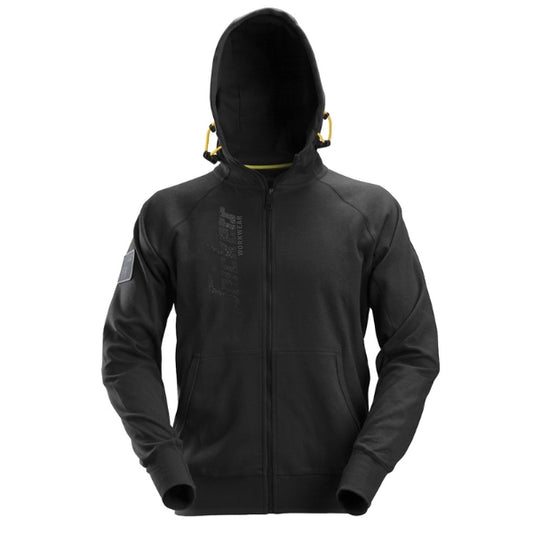 Front view of the Snickers Logo Full Zip Hoodie 2880 in black, showing the vertical 3D printed Snickers Workwear logo and full-zip front with rubber puller.