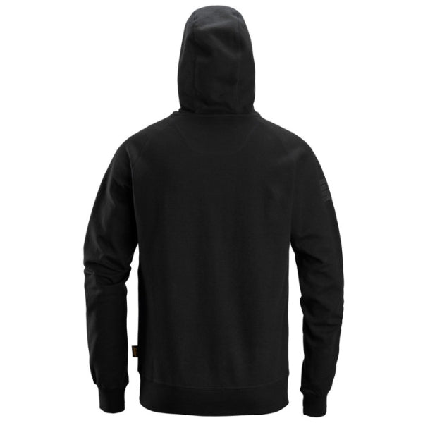 Back view of the Snickers 2894 classic logo hoodie in black, featuring a plain rear design, adjustable hood and clean workwear silhouette, photographed on a white background.