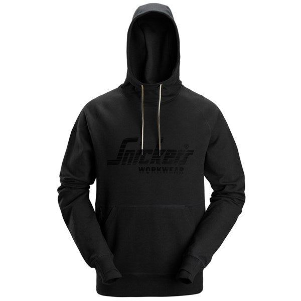 Front view of the Snickers 2894 classic logo hoodie in black, featuring a pullover design, adjustable hood and printed chest logo, photographed on a white background.