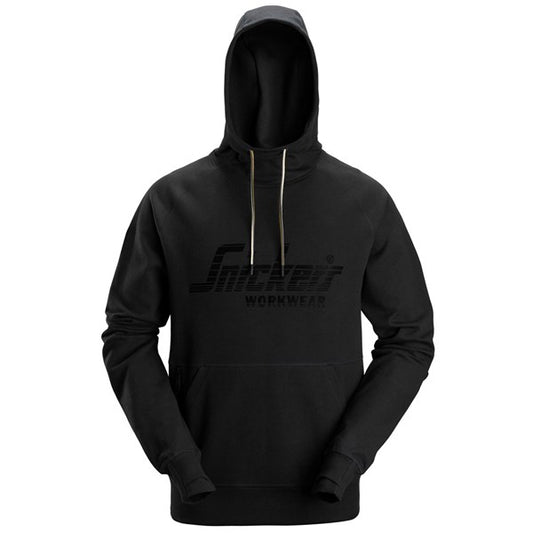 Front view of the Snickers 2894 classic logo hoodie in black, featuring a pullover design, adjustable hood and printed chest logo, photographed on a white background.