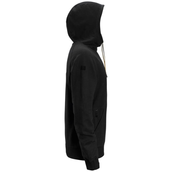 Side view of the Snickers 2894 classic logo hoodie in black, showing the hood profile, ribbed cuffs and relaxed pullover fit, photographed on a white background.