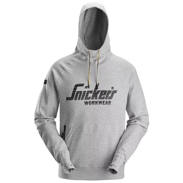 Front view of the Snickers 2894 classic logo hoodie in grey, featuring a soft fabric construction, pullover style hood and printed Snickers logo, photographed on a white background.