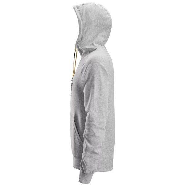 Side view of the Snickers 2894 classic logo hoodie in grey, displaying the hood profile, ribbed cuffs and casual pullover style, photographed on a white background.
