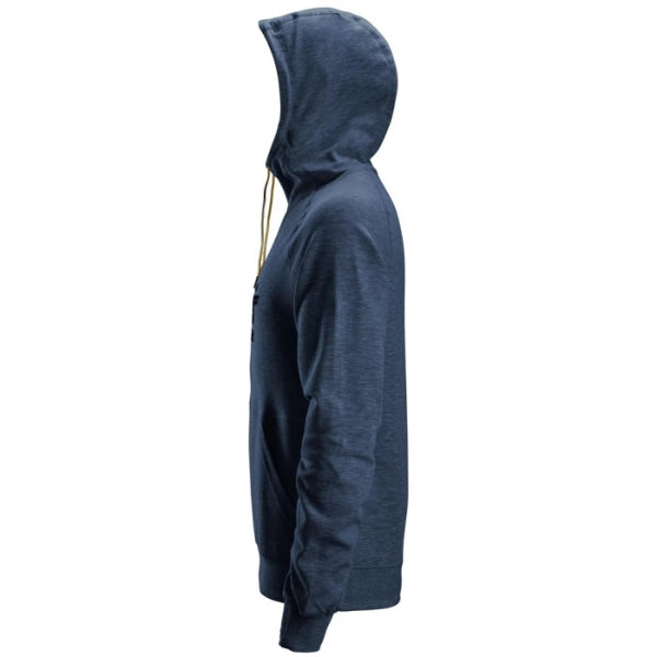Side view of the Snickers 2894 classic logo hoodie in navy, highlighting the hood shape, ribbed hem and comfortable pullover construction, photographed on a white background.
