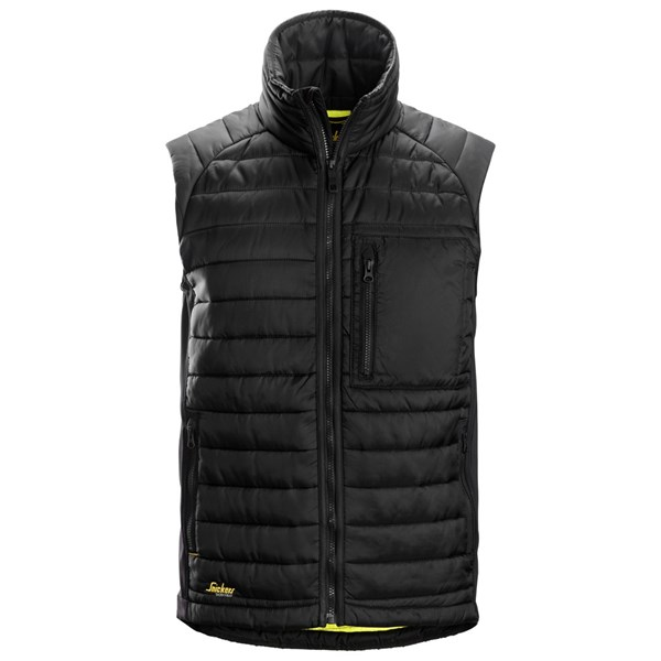 Front view of the Snickers 4512 AllroundWork 37.5 Insulator Vest in black, showing full front design, zip closure, and high collar.