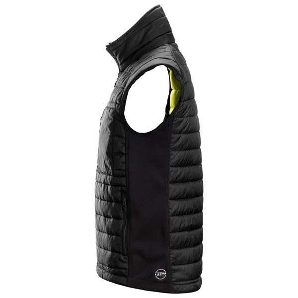 Left side profile of black puffer top, showing armhole cut and side seam fit.