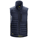 Front view of the Snickers 4512 AllroundWork 37.5 Insulator Vest in navy blue, displaying zippered front and ergonomic design.