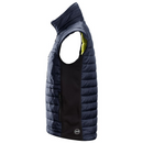 Left side view of the navy bodywarmer, showing athletic fit and minimalist styling.