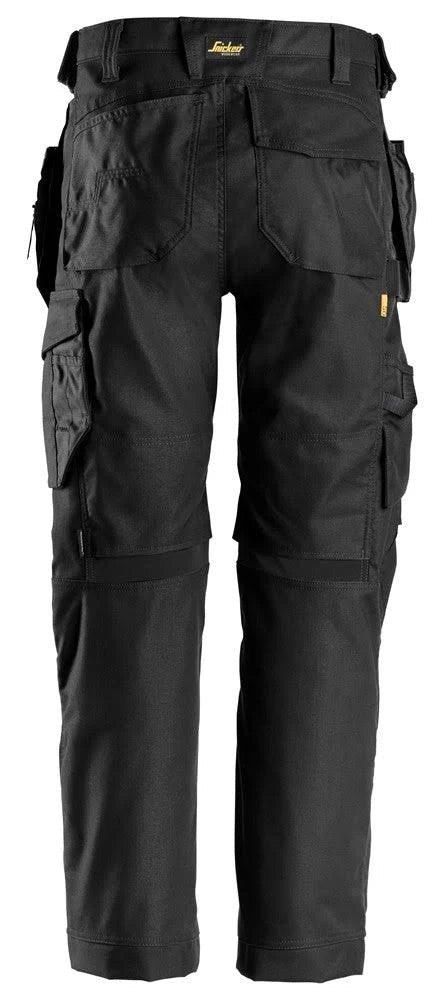 Back view of the Snickers 6244 black work trousers showing reinforced seat, stretch panels and slim fit design.