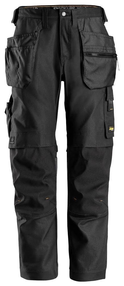 Front view of the Snickers 6244 work trousers in black featuring canvas stretch fabric and holster pockets.