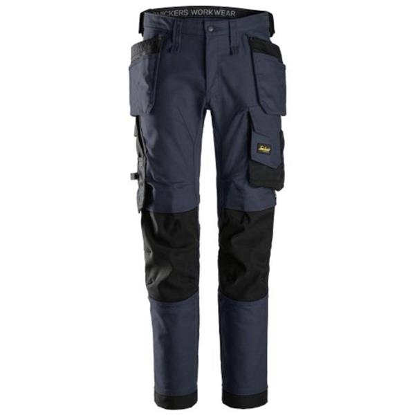 Front view of the Snickers 6244 work trousers in navy with canvas stretch fabric and practical holster pockets.
