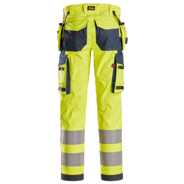 Back view of the Snickers 6268 ProtecWork Arc Stretch Work Trousers in high vis yellow and navy showing bellowed back pockets and pre-bent leg construction.
