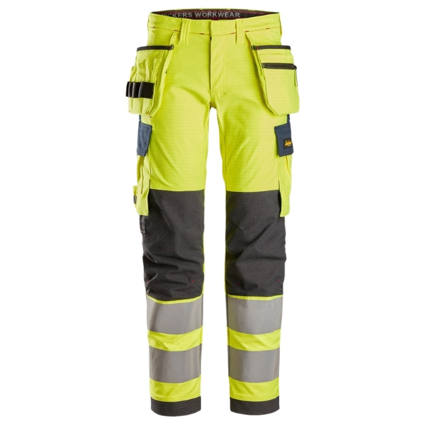 Front view of the Snickers 6268 ProtecWork Arc Stretch Work Trousers in high vis yellow and navy showing Class 2 Hi-Vis panels and slim fit cut.