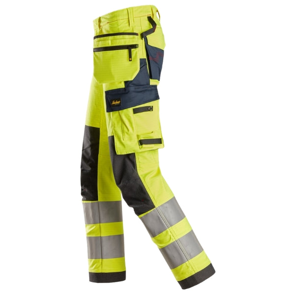 Left leg view of the Snickers 6268 ProtecWork Arc Stretch Work Trousers in high vis yellow and navy highlighting equal holster pocket layout and Aramid/Cordura knee reinforcement.