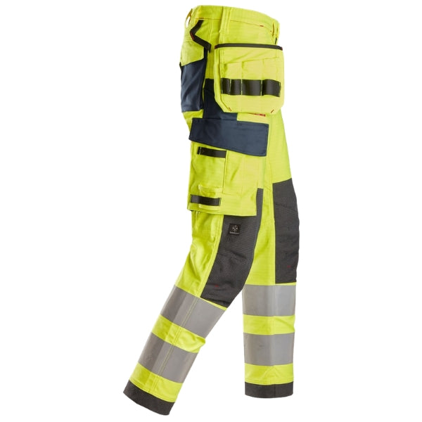 Right leg view of the Snickers 6268 ProtecWork Arc Stretch Work Trousers in high vis yellow and navy highlighting equal holster pocket layout and Aramid/Cordura knee reinforcement.