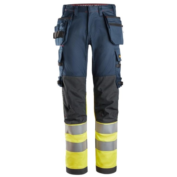 Front view of the Snickers 6274 ProtecWork Arc Stretch Work Trousers in navy and high vis yellow showing Class 1 Hi-Vis panels and slim fit cut.
