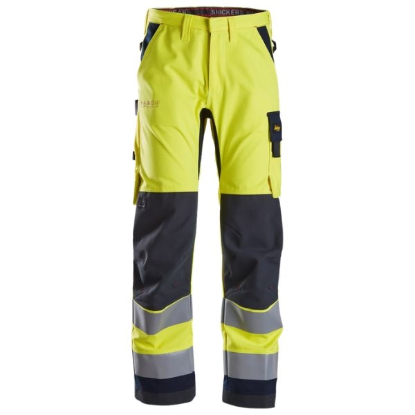 Front view of the Snickers 6360 ProtecWork Arc Work Trousers in high vis yellow and navy showing Class 2 Hi-Vis panels and regular fit cut.