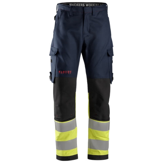 Front view of the Snickers ProtecWork Hi-Vis Work Trousers 6363 in navy and high-vis yellow featuring reflective tape and equal leg pockets.