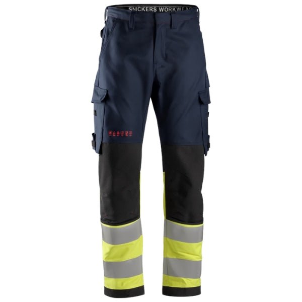 Front view of the Snickers ProtecWork Hi-Vis Work Trousers 6363 in navy and high-vis yellow featuring reflective tape and equal leg pockets.
